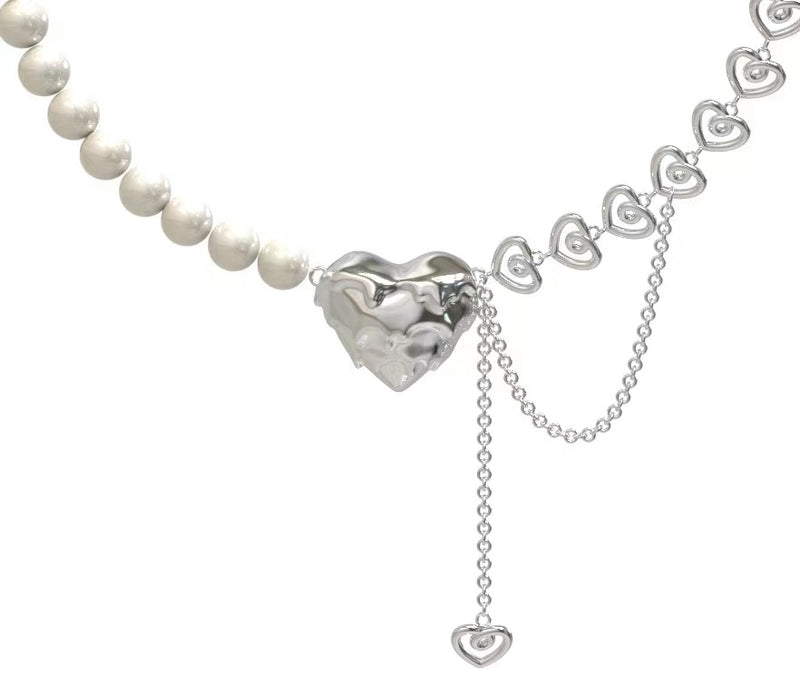 Pearl and Heart Chain Stitch Necklace